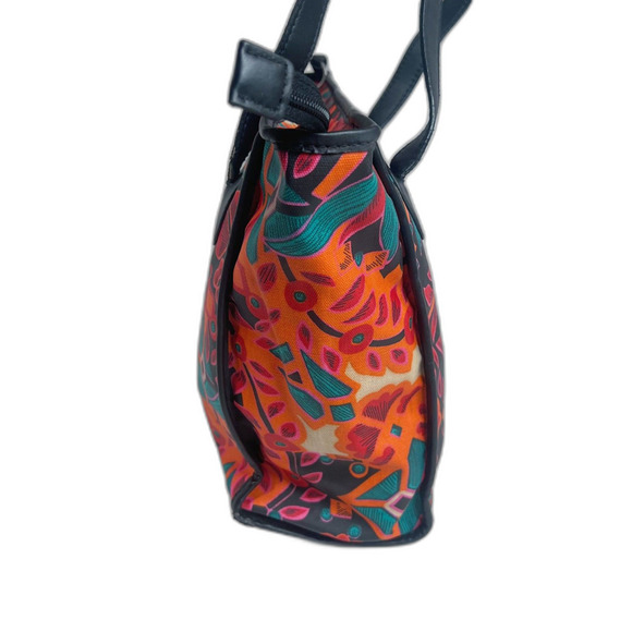 Fossil KeyPer Orange and Pink Flower Floral Tote Bag Black Leather Purse - Picture 3 of 11